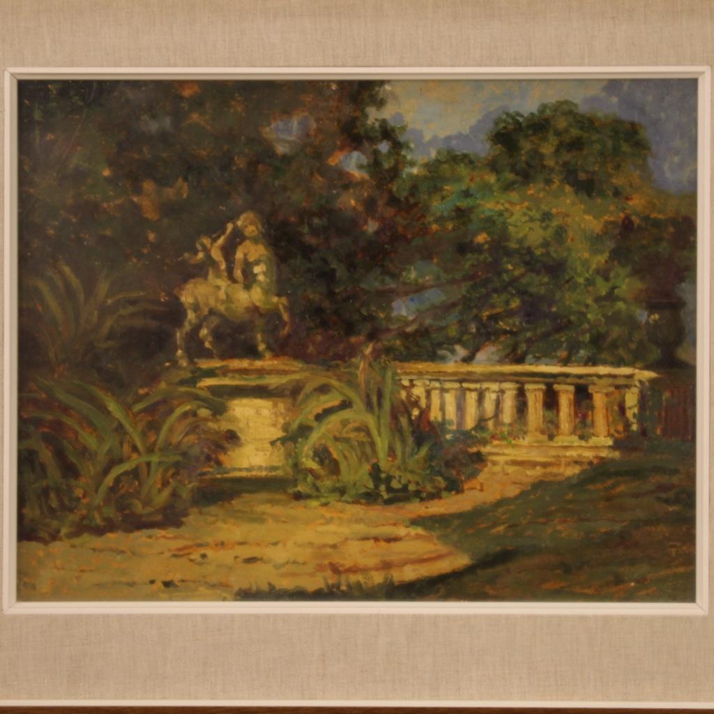 Italian painting from 20th century. Oil painting on cardboard depicting an Impressionist-style landscape of romantic style. Framework of good pictorial quality, of limited size, for antique dealers and collectors. Wooden frame with passe-partout in