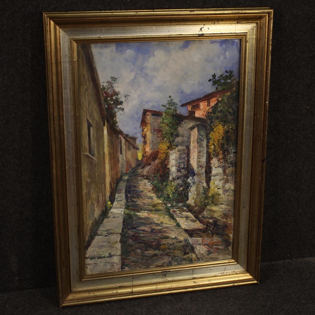Italian painting from the second half of the 20th century. Oil painting on cardboard depicting a glimpse of an Impressionist-style country road. Framework signed in the lower right corner (see photo) signature under study. Modern silver plated