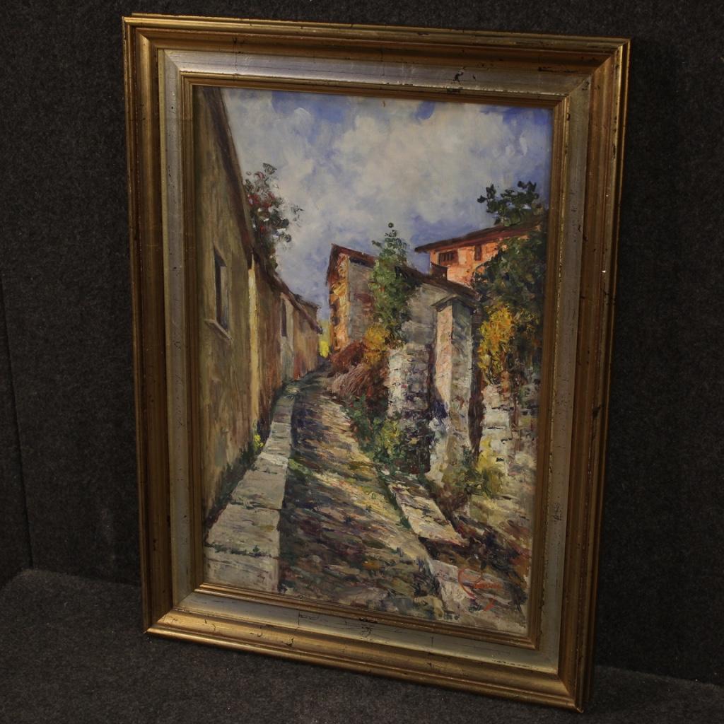 20th Century Oil on Cardboard Italian Impressionist Style Landscape Painting In Good Condition For Sale In Vicoforte, Piedmont