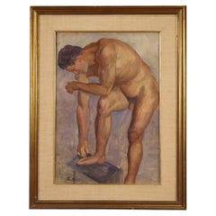 20th Century, Oil on Cardboard Italian Signed Emilio Notte Male Nude Painting
