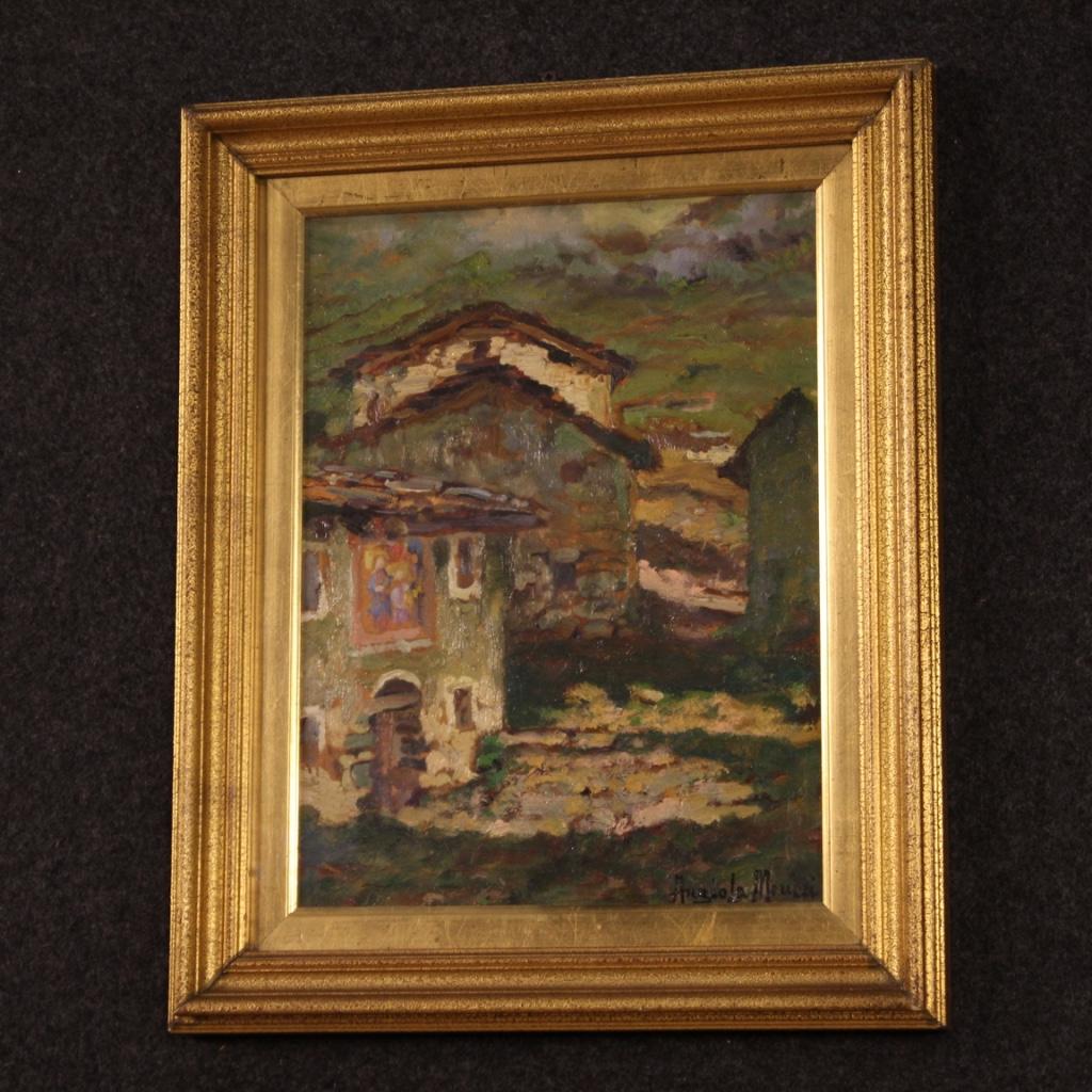 Italian painting from 20th century. Oil painting on cardboard depicting a countryside landscape with houses in impressionist style. Small size framework, for antique dealers and collectors, signed in the lower left corner (see photo) Angiola Meucci,