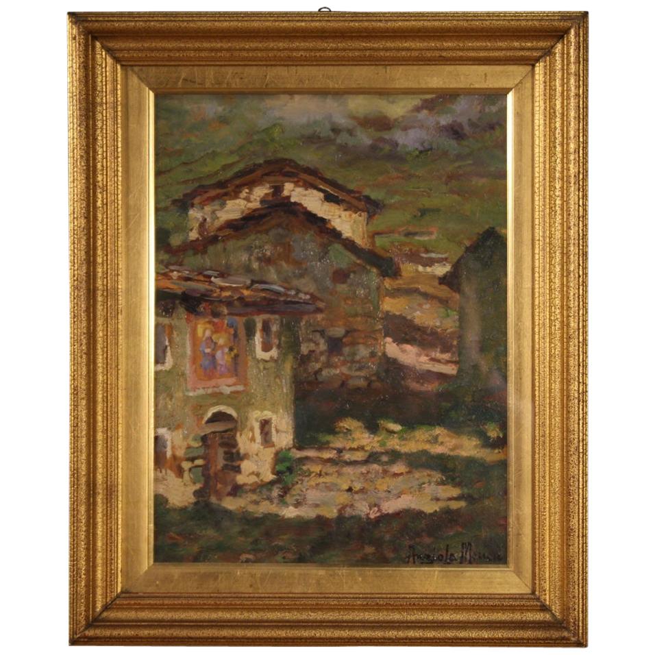 Óleo sobre cartón del siglo XX Pintura de paisaje firmada en italiano, 1960