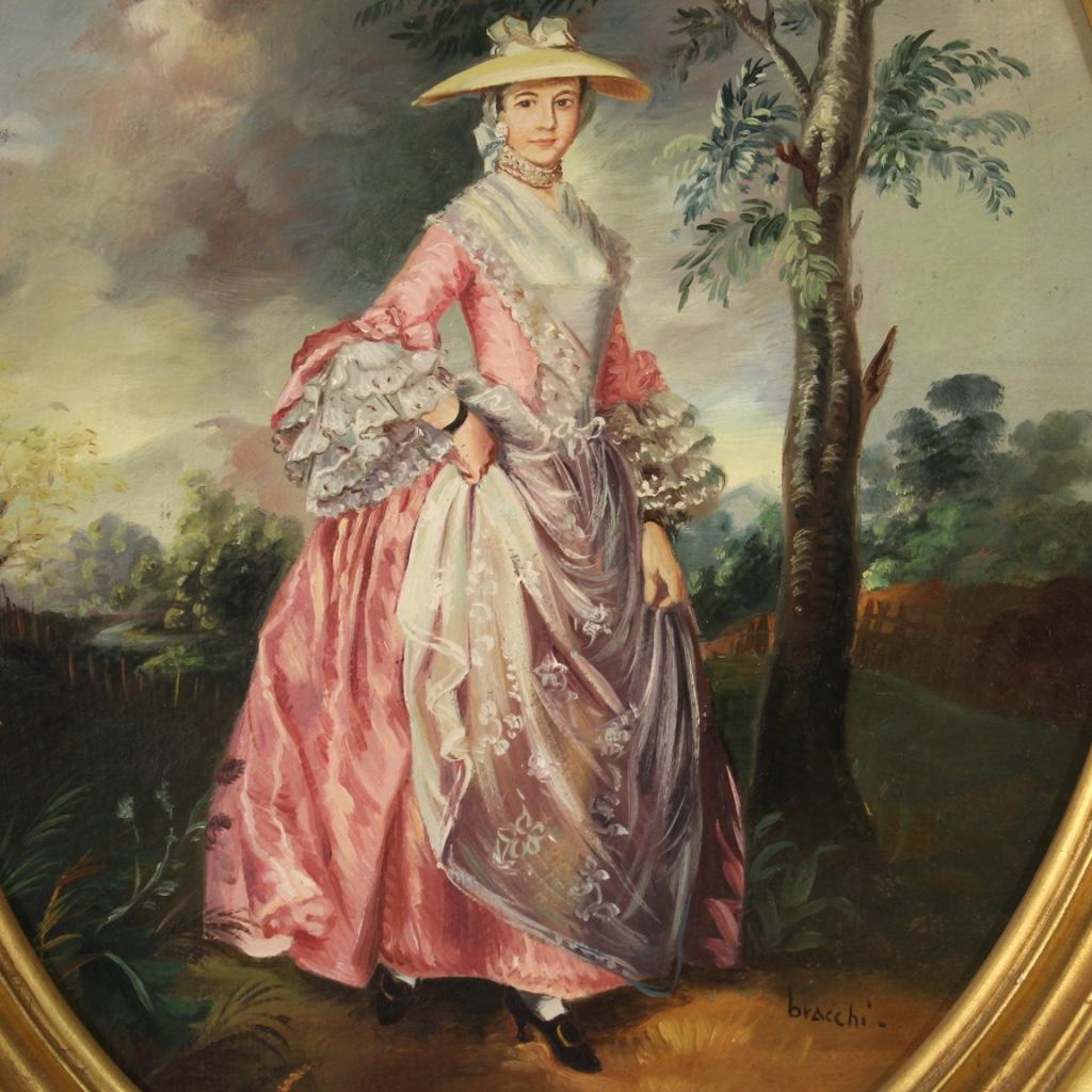 Italian painting from the second half of the 20th century. Oval framework oil on cardboard depicting a portrait of a lady with an eighteenth-century landscape of good pictorial quality. Beautifully sized and pleasantly decorated painting with a