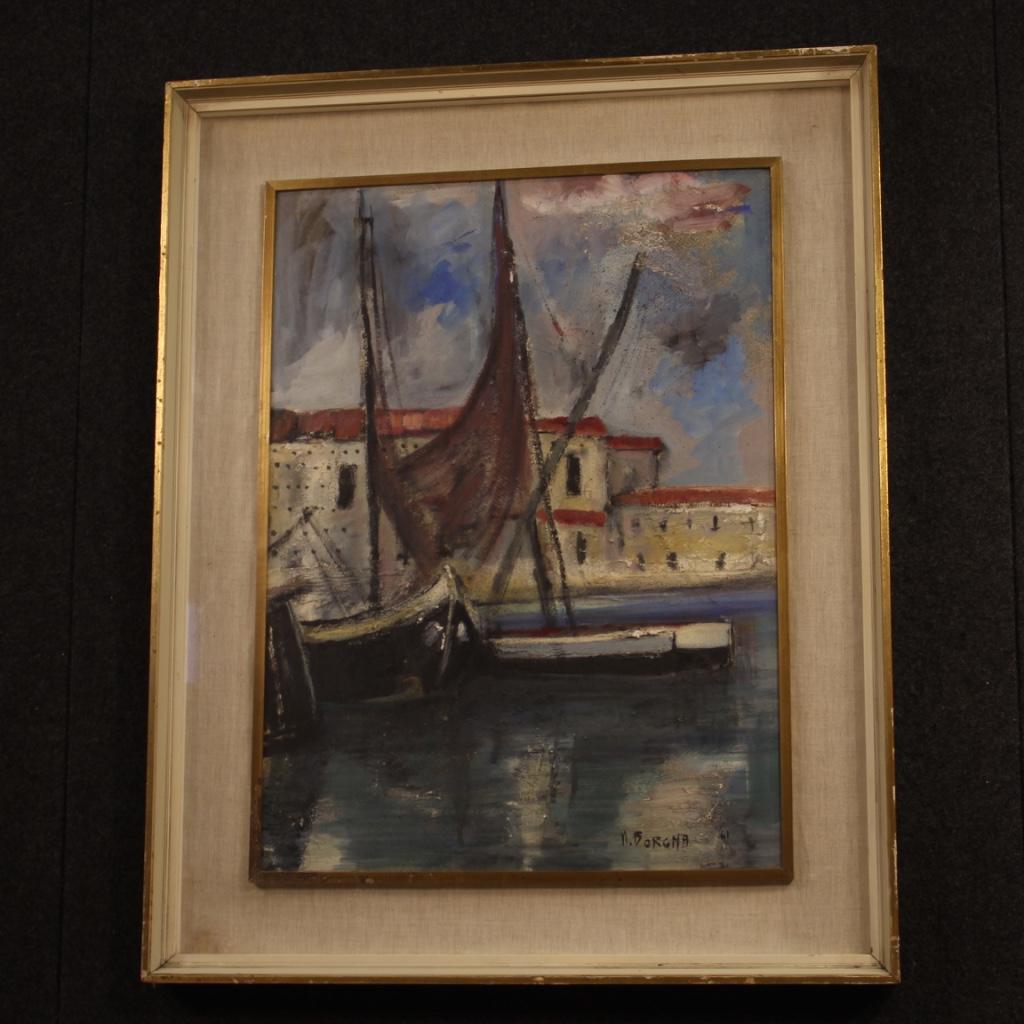 Wood 20th Century Oil on Cardboard Italian Signed Seascape Painting, 1970 For Sale