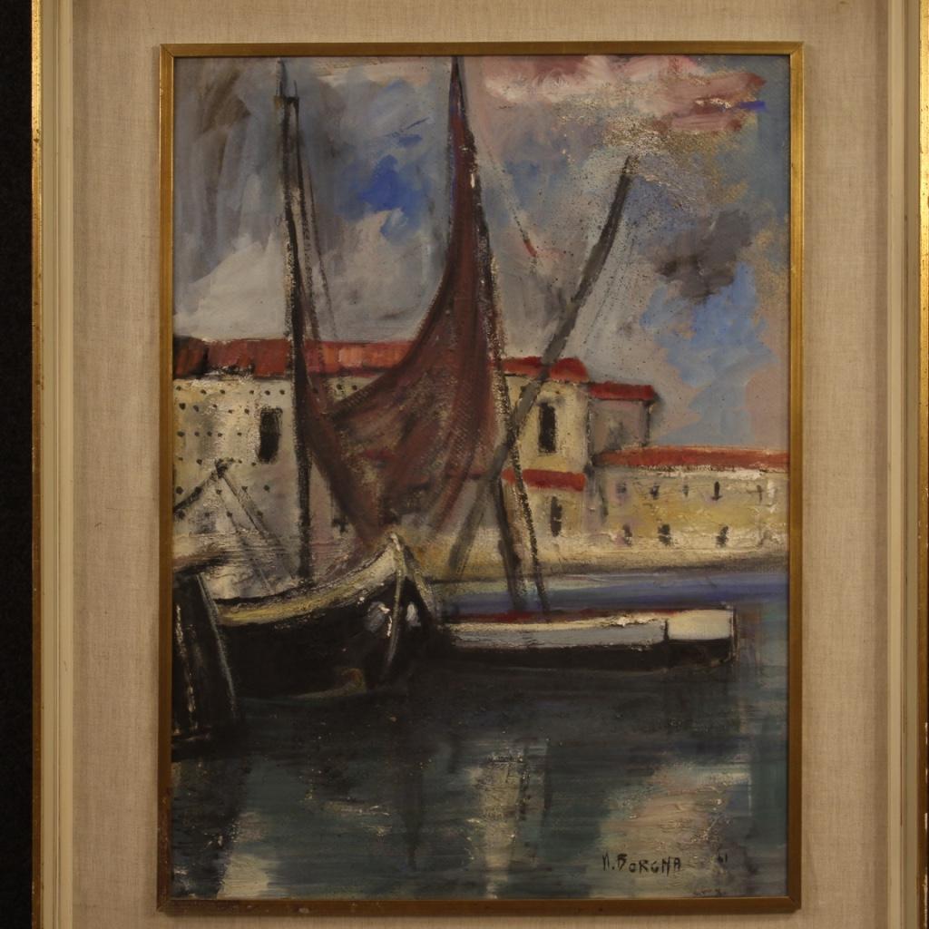 20th Century Oil on Cardboard Italian Signed Seascape Painting, 1970 For Sale 1