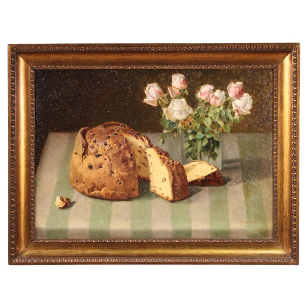 20th Century Oil on Cardboard Italian Signed Vacchetti Still Life Painting, 1934 For Sale