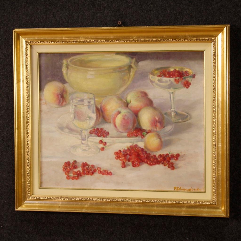 Italian signed painting from mid-20th century. Oil painting on board depicting still life, table with plates, glasses and fruit of excellent pictorial quality. Framework signed lower right (see photo) Piero Solavaggione (1899 - 1979), important