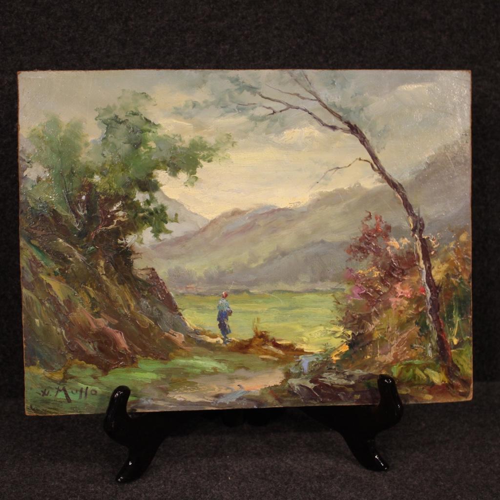Italian painting from 20th century. Oil painting on hardboard depicting countryside landscape with impressionist style character of good pictorial quality. Small size framework, for antique dealers and collectors, signed in the lower left corner
