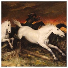 20th Century Oil on Hardboard Italian Signed Painting Running Horses, 1960