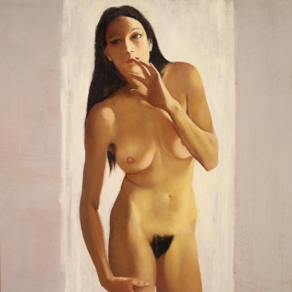 20. Jahrhundert Öl auf Masonit Weiblicher Akt Signiert Vellani Marchi Gemälde, 1969 (Italian) im Angebot