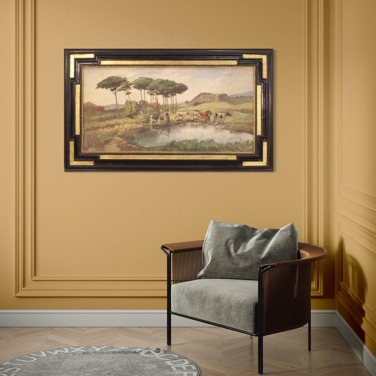 French painting from the mid-20th century. Framework oil on masonite depicting countryside landscape with shepherdess and cows of good pictorial quality. Large-scale and impactful painting adorned with a pleasantly sculpted, ebonized and gilded