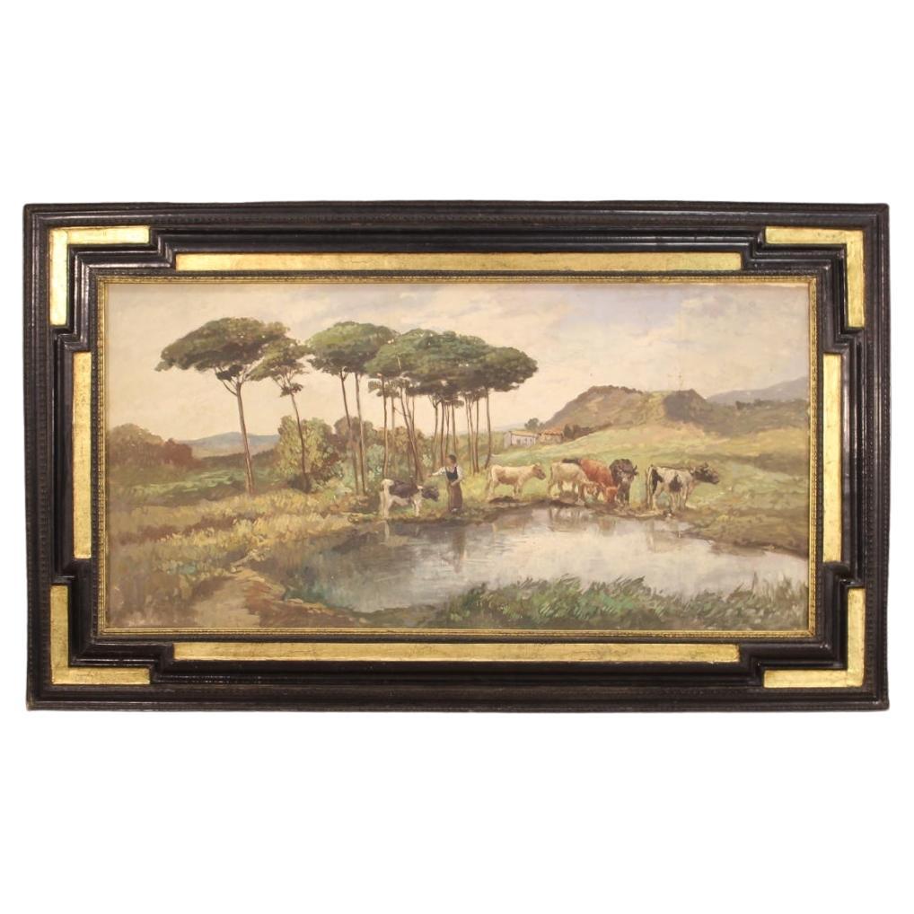 siglo XX Óleo sobre masonita Pintura de paisaje firmada en francés, 1950