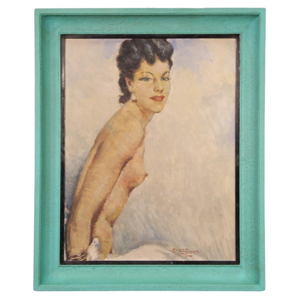 20th Century Oil on Masonite French Signed Nude Female Painting, 1960