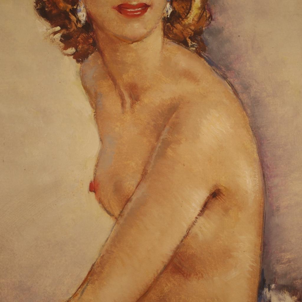 Oiled 20th Century Oil on Masonite French Signed Nude Woman Portrait, 1960 For Sale