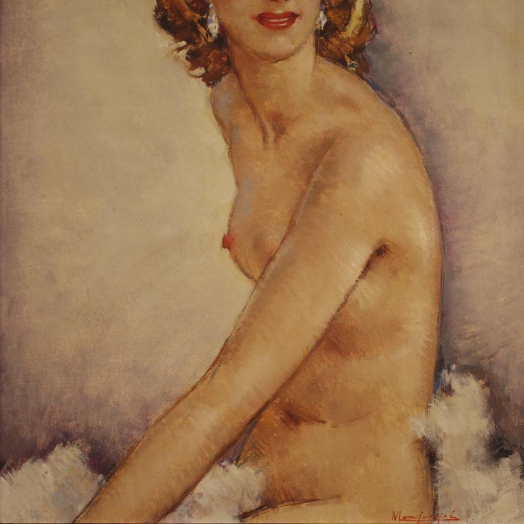 20th Century Oil on Masonite French Signed Nude Woman Portrait, 1960 In Good Condition For Sale In Vicoforte, Piedmont