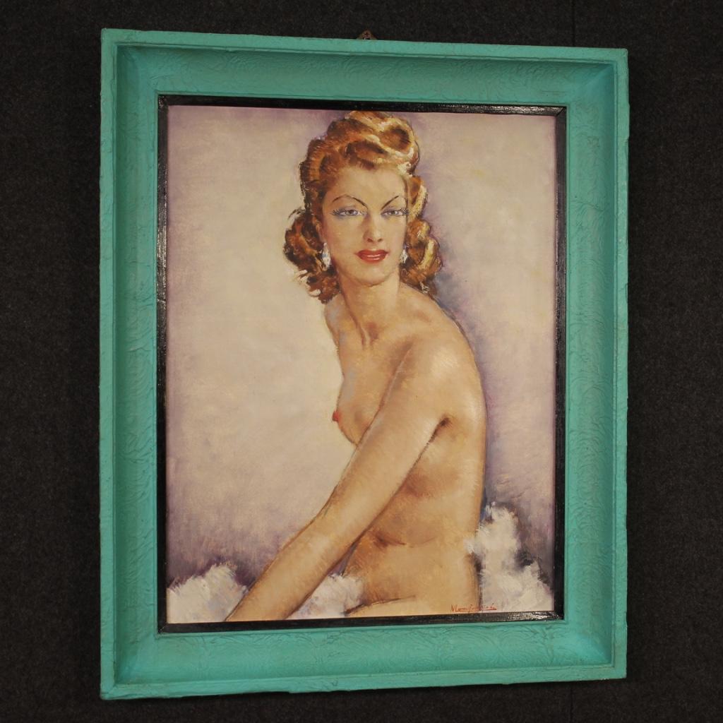 20th Century Oil on Masonite French Signed Nude Woman Portrait, 1960 For Sale 1