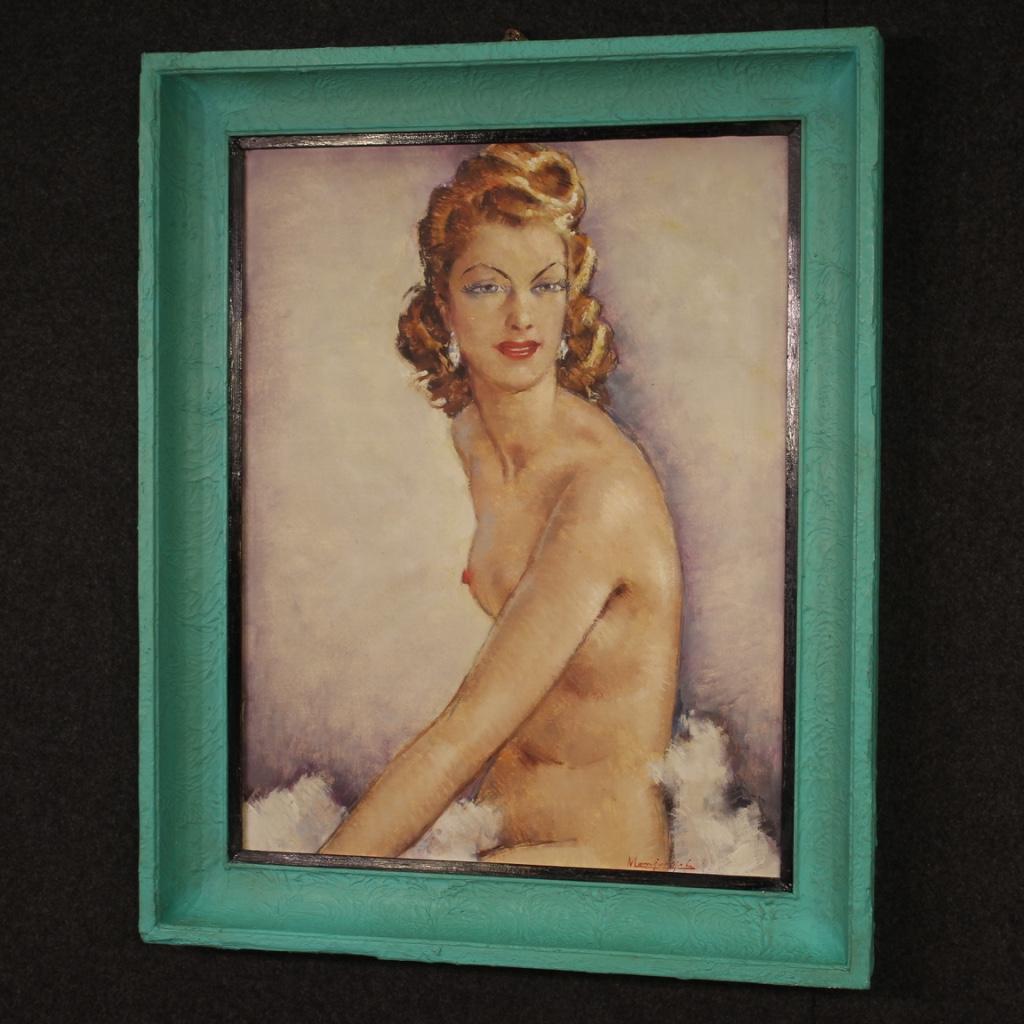 20th Century Oil on Masonite French Signed Nude Woman Portrait, 1960 For Sale 2