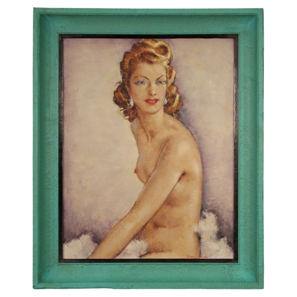 French painting from the second half of the 20th century. Artwork oil on masonite depicting a portrait of a female nude with a pleasant pictorial touch. Nice size painting adorned with a lacquered and painted frame (see photo). Painting signed lower