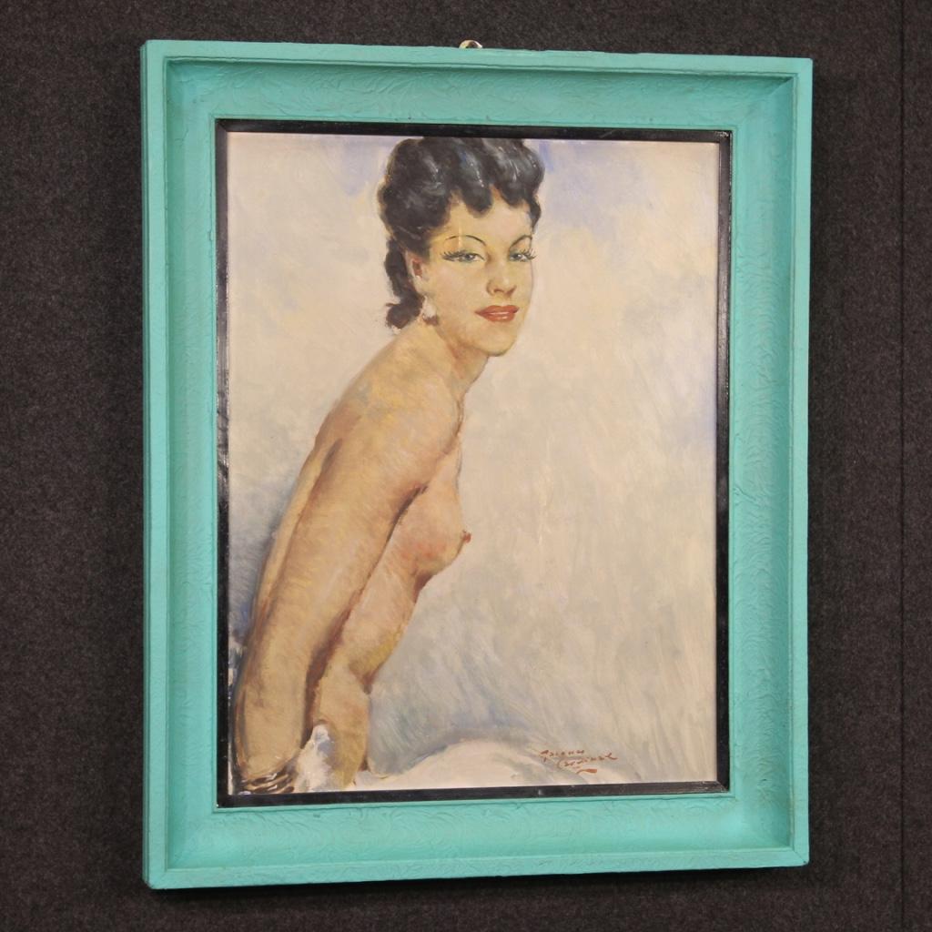 20th Century Oil on Masonite French Signed Nude Woman Portrait Painting, 1960 For Sale 4