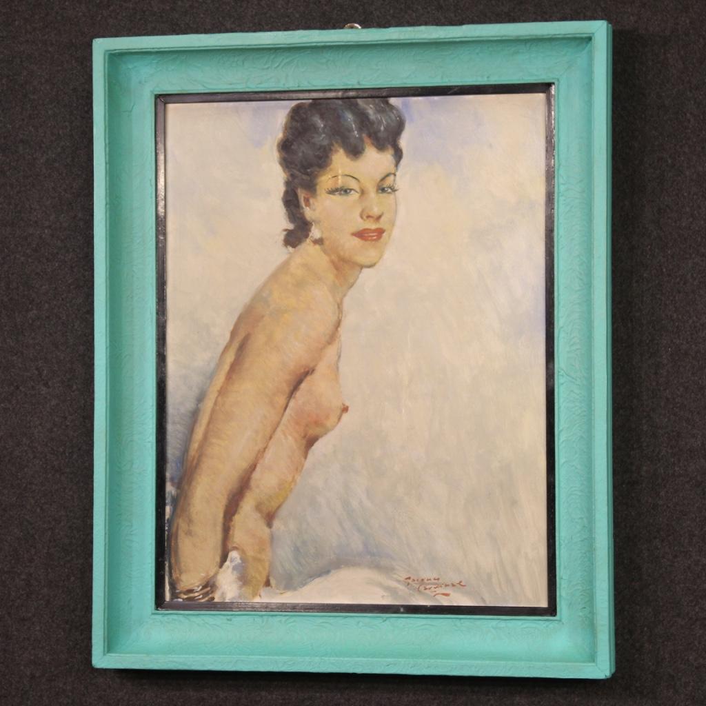 20th Century Oil on Masonite French Signed Nude Woman Portrait Painting, 1960 For Sale 5
