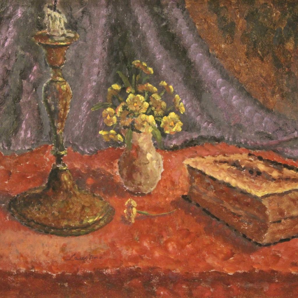 Oiled 20th Century Oil on Masonite Italian Dated and Signed Still Life Painting, 1942 For Sale