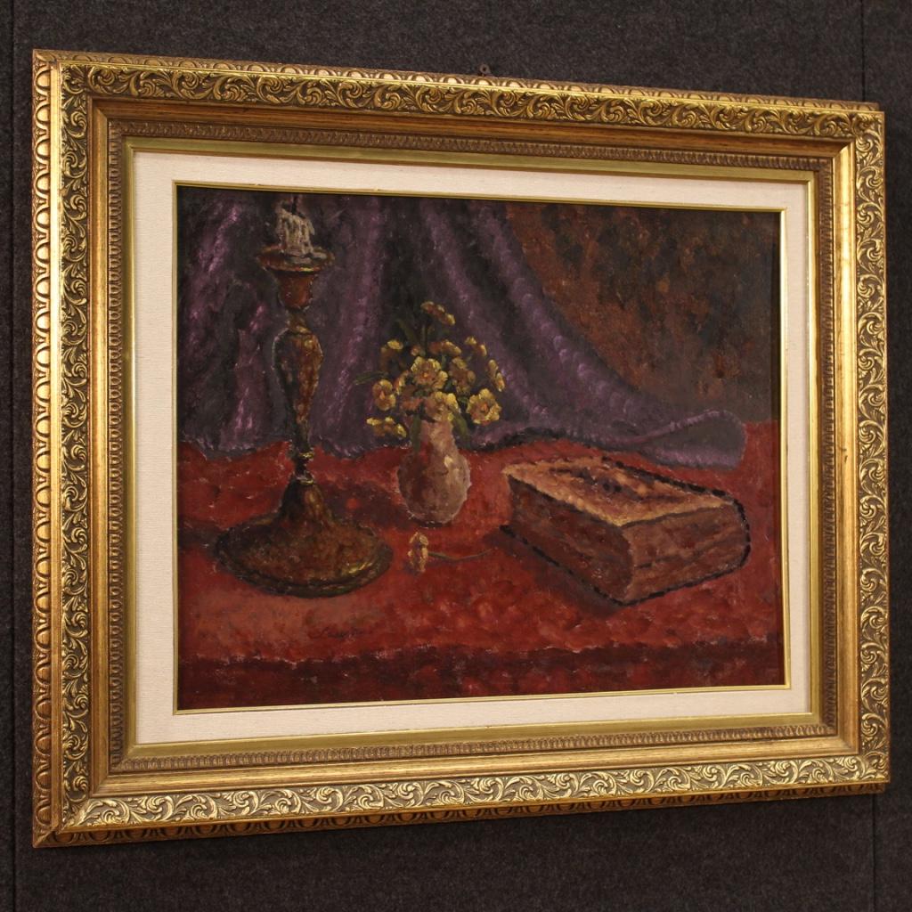20th Century Oil on Masonite Italian Dated and Signed Still Life Painting, 1942 For Sale 4