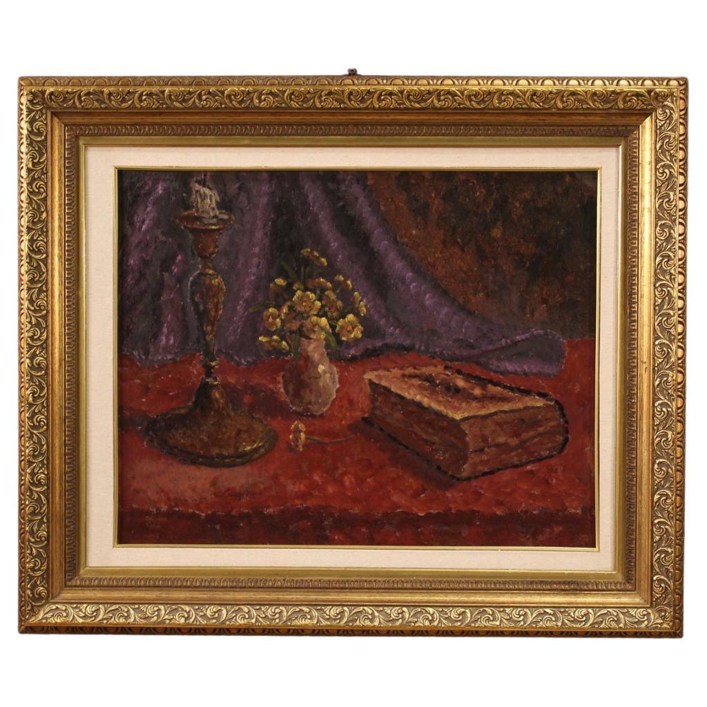 20e siècle Huile sur Masonite Peinture italienne de nature morte datée et signée, 1942 en vente