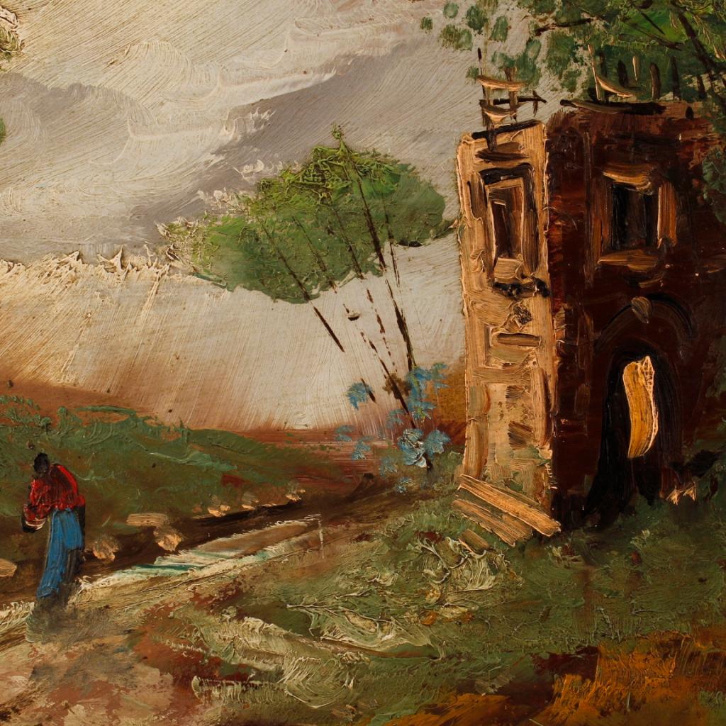 Siglo XX Óleo sobre masonita Pintura de paisaje impresionista firmada en italiano Italiano en venta