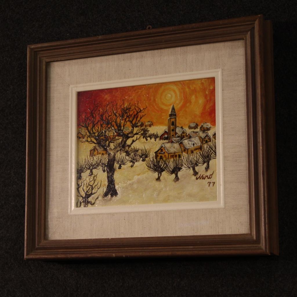Italiano Olio su masonite del XX secolo Paesaggio italiano Firmato e datato, 1977