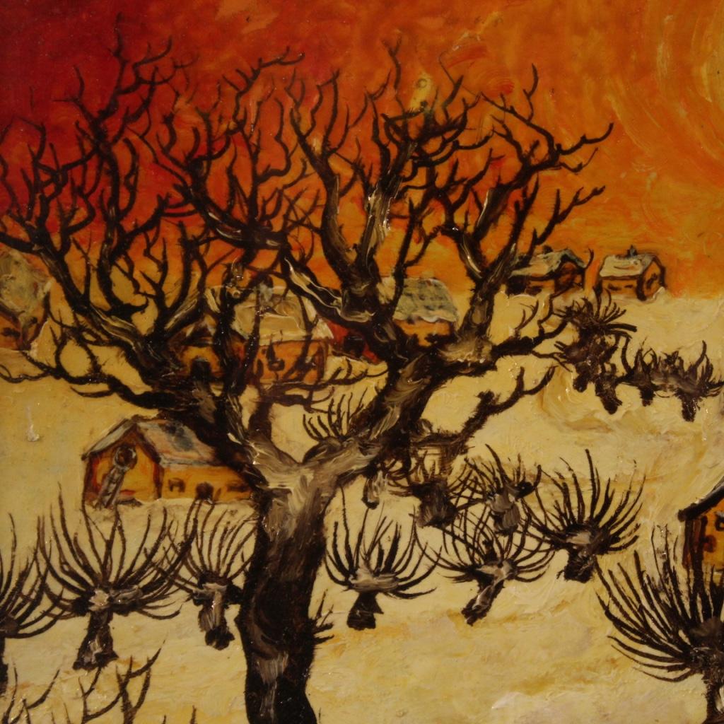 Legno Olio su masonite del XX secolo Paesaggio italiano Firmato e datato, 1977