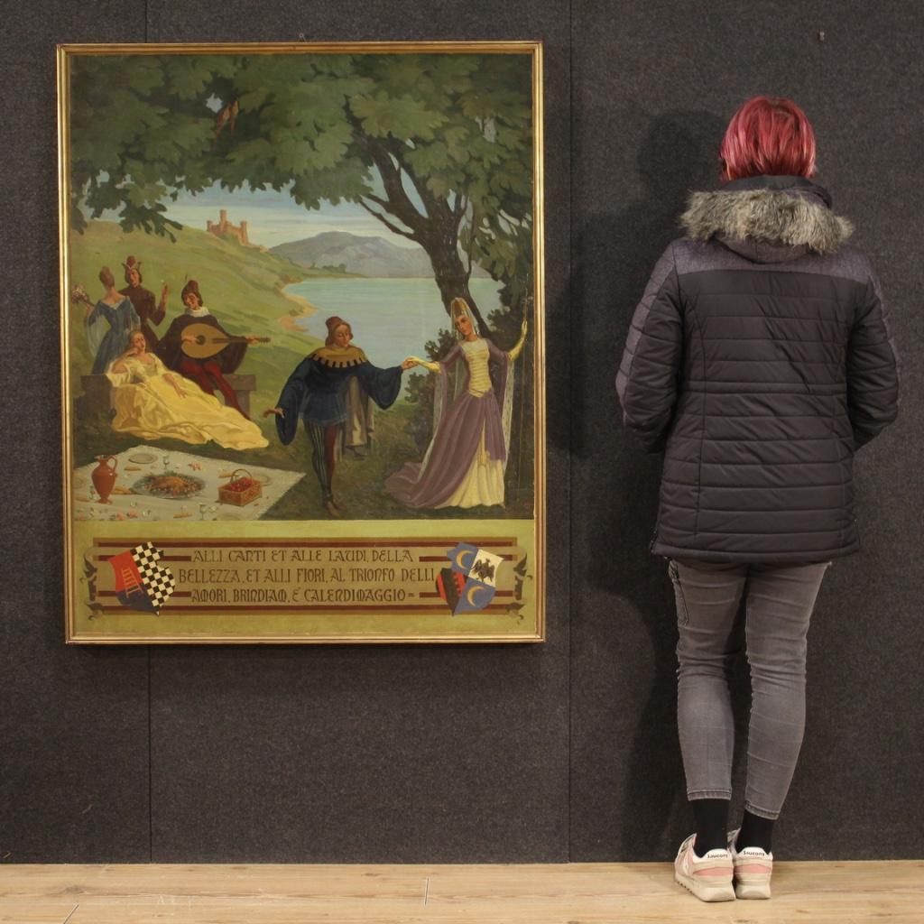 Olio su masonite del XX secolo Paesaggio italiano con figure, 1945 in vendita 6