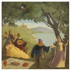 Italienische Landschaft des 20. Jahrhunderts, Öl auf Masonit, Gemälde mit Figuren, Gemälde, 1945