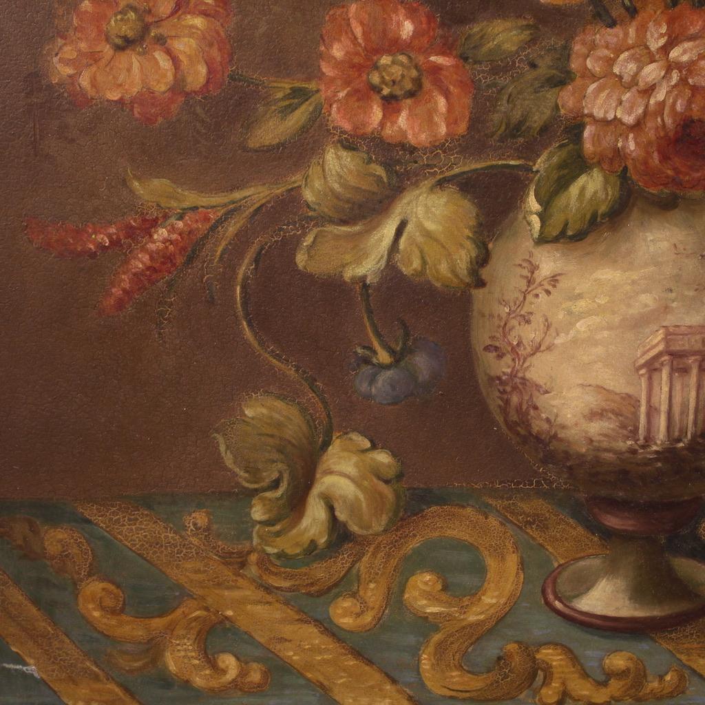 20th Century Oil on Masonite Italian Painting Still Life Vase with Flowers, 1960 For Sale 5