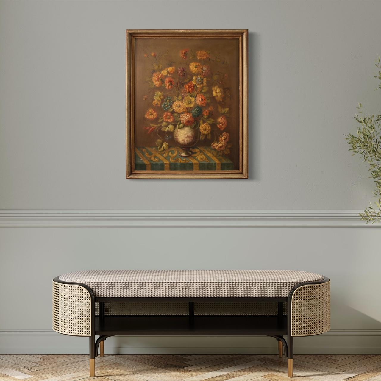 Italian painting from the mid-20th century. Artwork oil on masonite depicting an elegant still life, vase with flowers, of good pictorial quality. Painting of good size and pleasant decor adorned with a lacquered wooden frame with some small signs