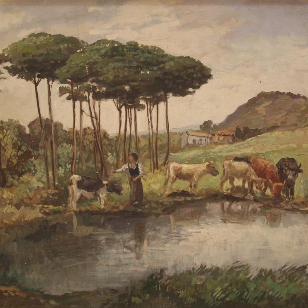French painting from the mid-20th century. Framework oil on masonite depicting countryside landscape with shepherdess and cows of good pictorial quality. Large-scale and impactful painting adorned with a pleasantly sculpted, ebonized and gilded