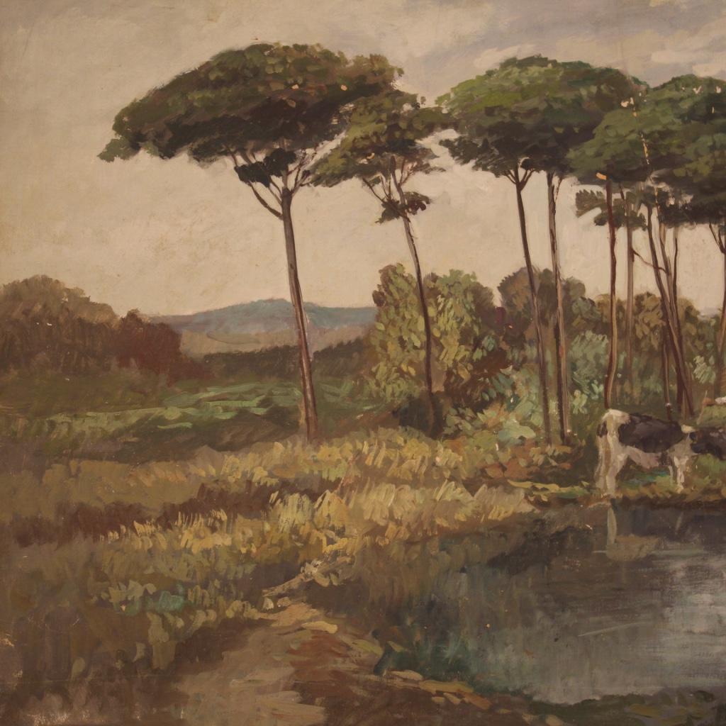 Oiled 20th Century Oil on Masonite Italian Signed Landscape Painting, 1950 For Sale