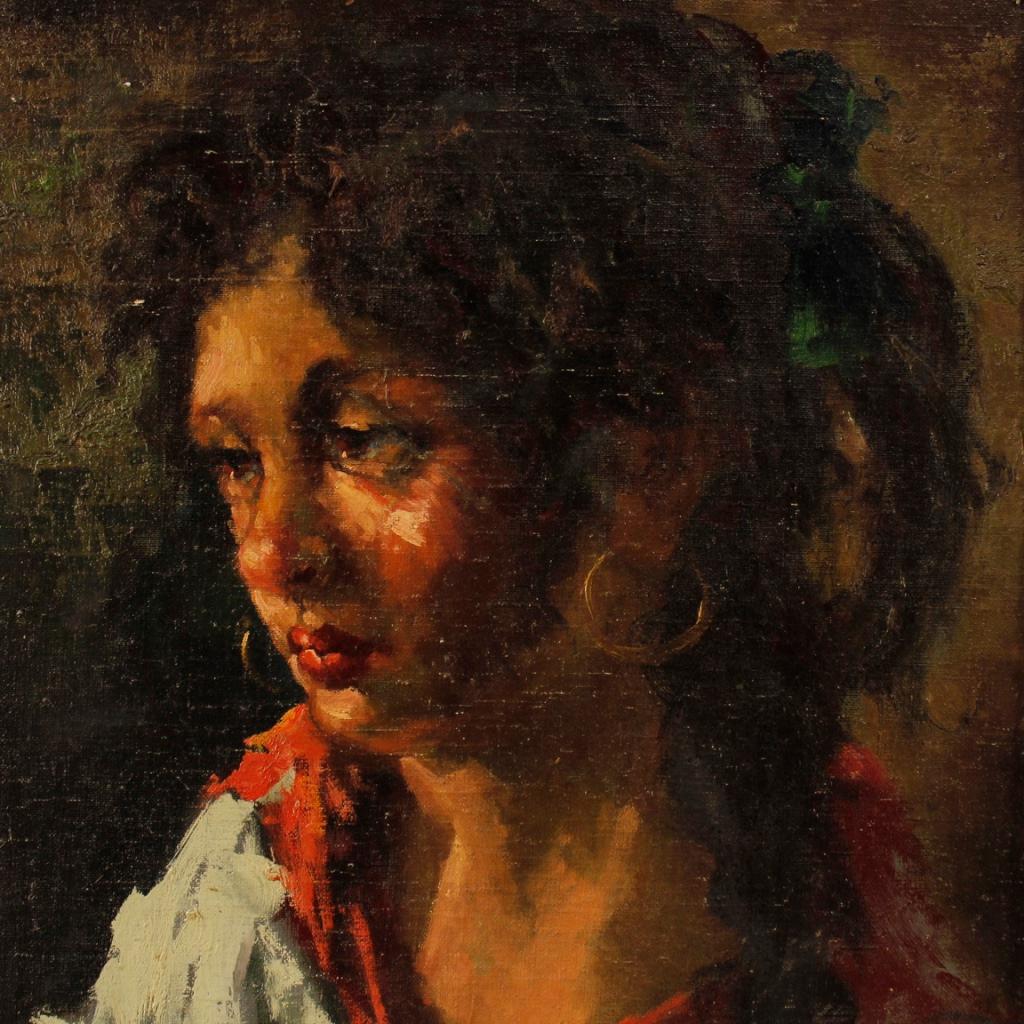 20th Century Oil on Masonite Italian Signed Painting Gipsy Girl Portrait, 1948  For Sale 9