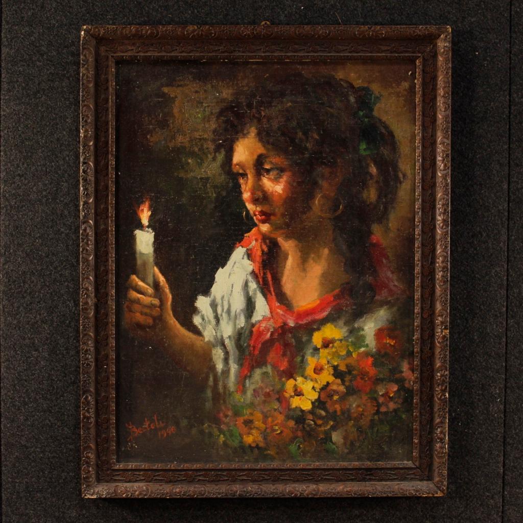 20th Century Oil on Masonite Italian Signed Painting Gipsy Girl Portrait, 1948  For Sale 11