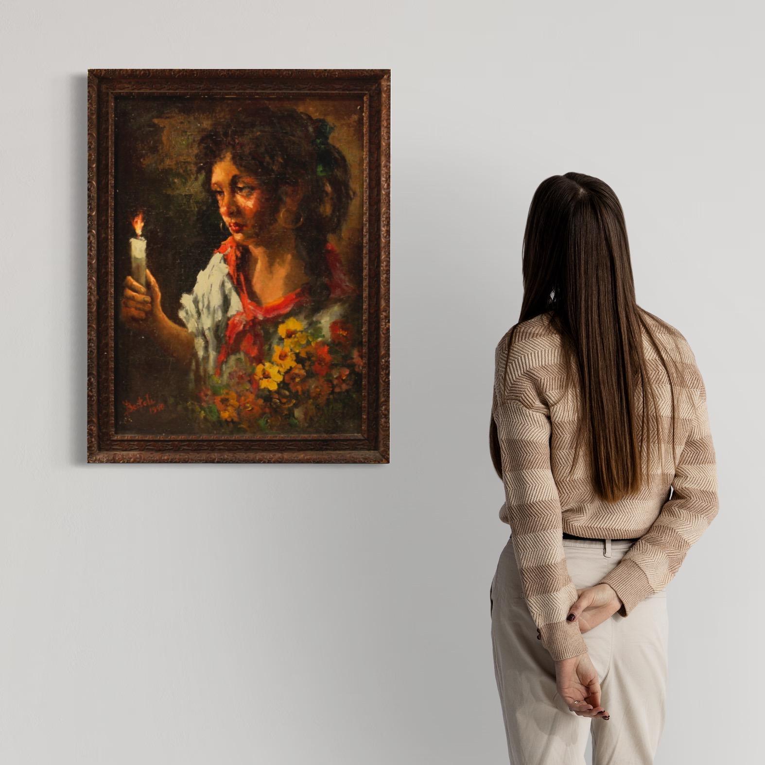 La peinture italienne du milieu du XXe siècle. Travail à l'huile sur masonite représentant une jeune gitane avec des fleurs et une bougie, d'une bonne main picturale. Photo de belle mesure, signée et datée en bas à gauche (voir photo). Cadre en bois
