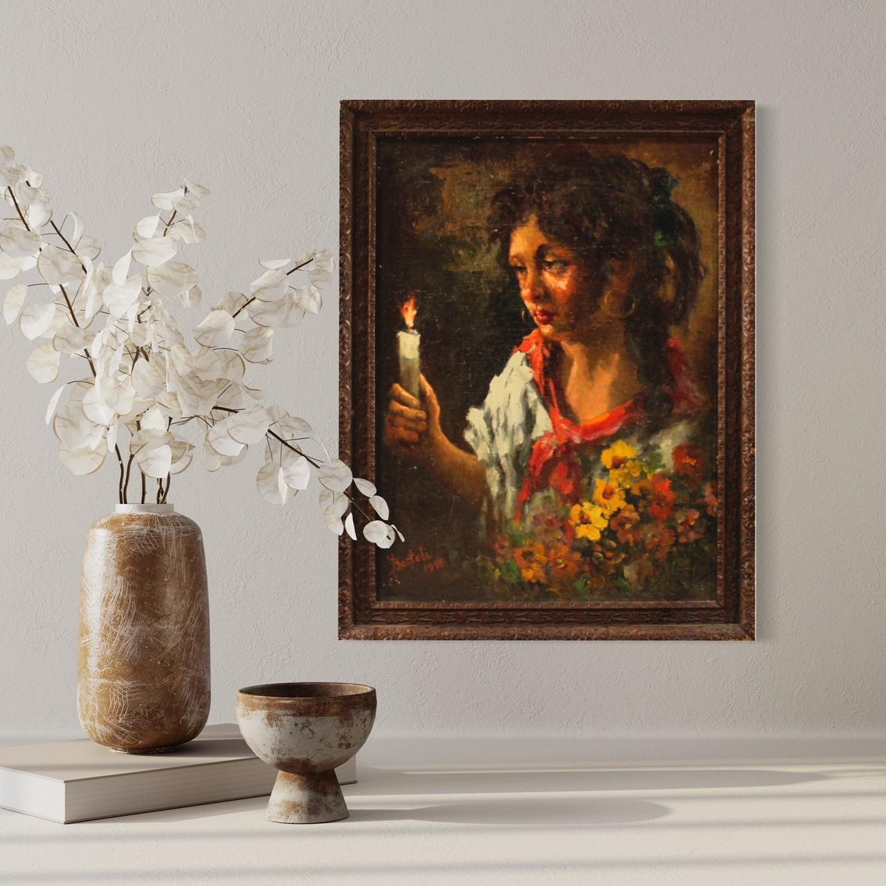 Mid-20th Century 20th Century Oil on Masonite Italian Signed Painting Gipsy Girl Portrait, 1948  For Sale
