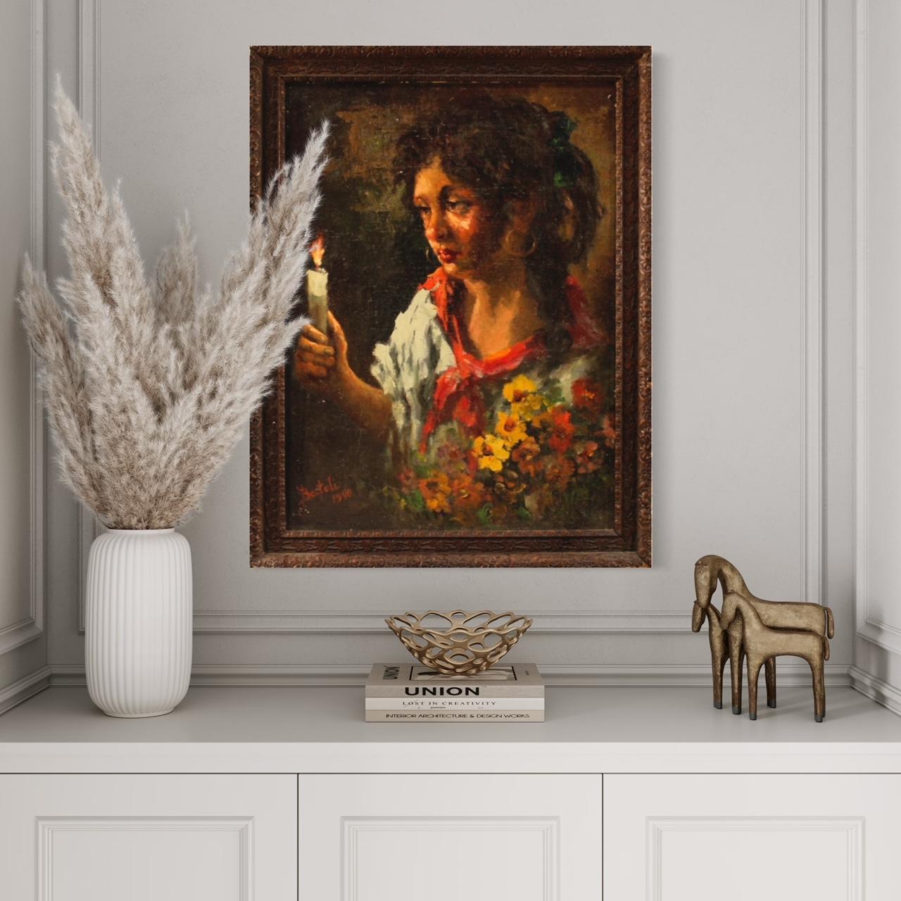 20th Century Oil on Masonite Italian Signed Painting Gipsy Girl Portrait, 1948  For Sale 1
