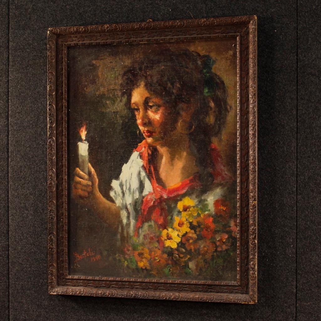 20th Century Oil on Masonite Italian Signed Painting Gipsy Girl Portrait, 1948  For Sale 4
