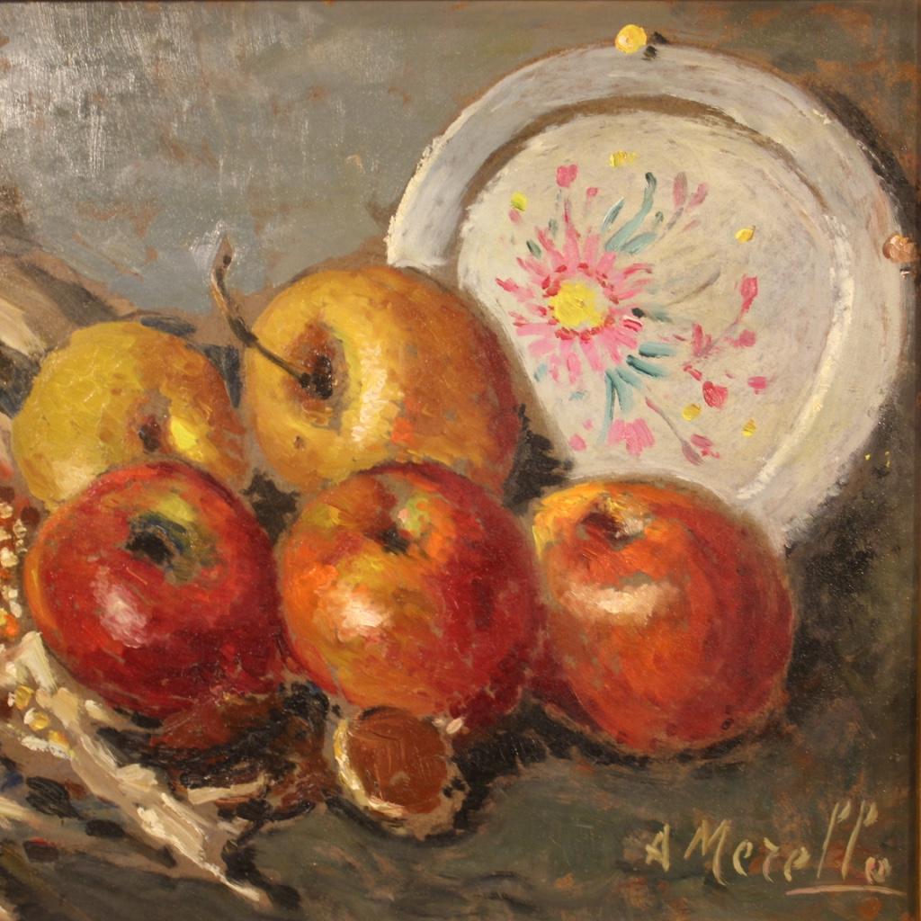 Italian painting from the mid-20th century. Work oil on masonite depicting still life Sweet fruits of good pictorial quality. Nice sized and pleasantly furnished framework signed lower right A. Merello (see photo) referable to the painter Amedeo