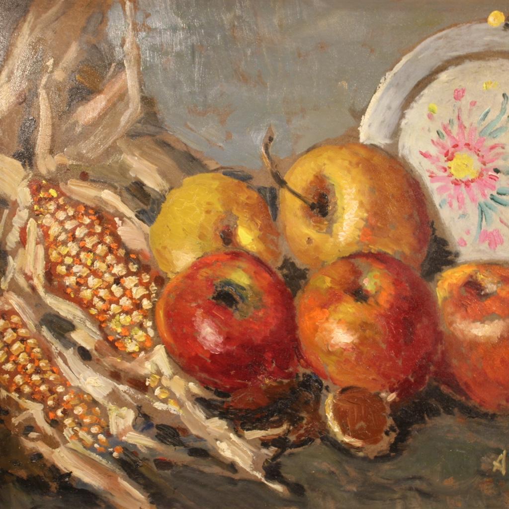 Oiled 20th Century Oil on Masonite Italian Signed Still Life Painting, 1950 For Sale