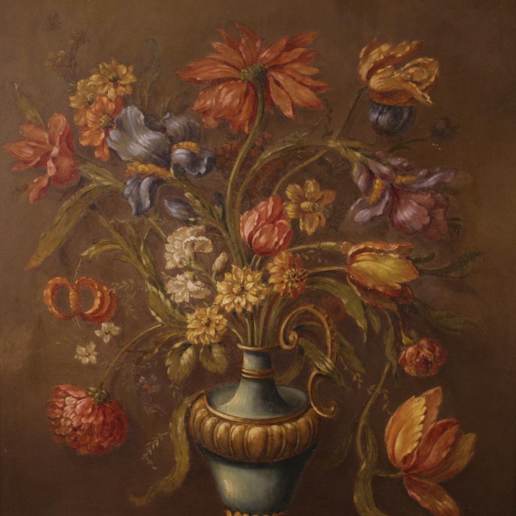 20th Century Oil on Masonite Italian Still Life Vase of Flowers Painting, 1960s For Sale 1