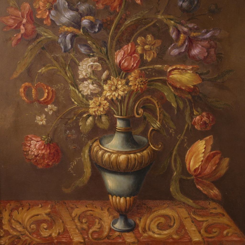 20e siècle Huile sur Masonite Nature morte italienne Vase de fleurs, 1960 en vente 3