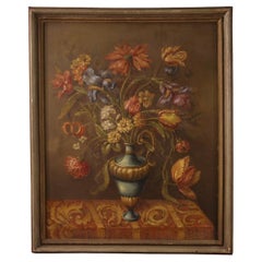 20e siècle Huile sur Masonite Nature morte italienne Vase de fleurs, 1960