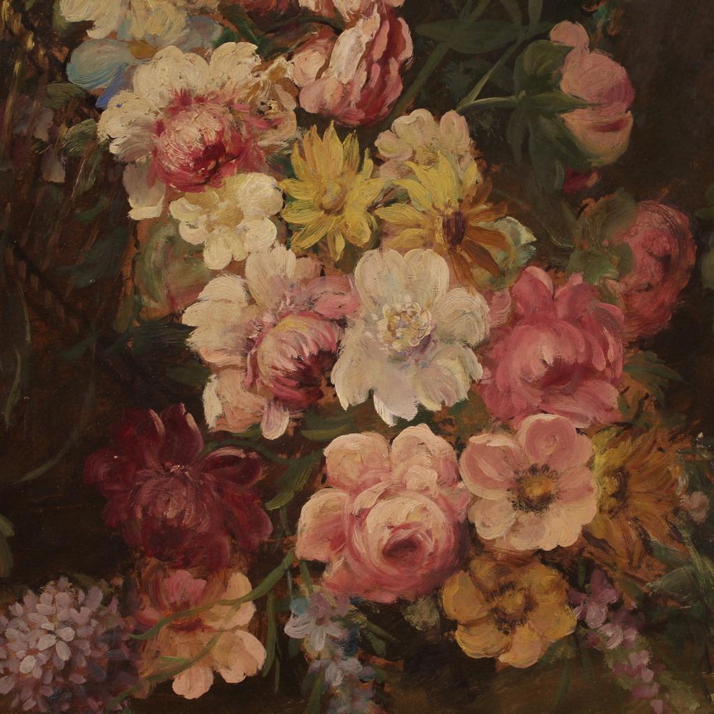 20th Century Oil on Masonite Italian Still Life with Flowers Painting, 1950s For Sale 8