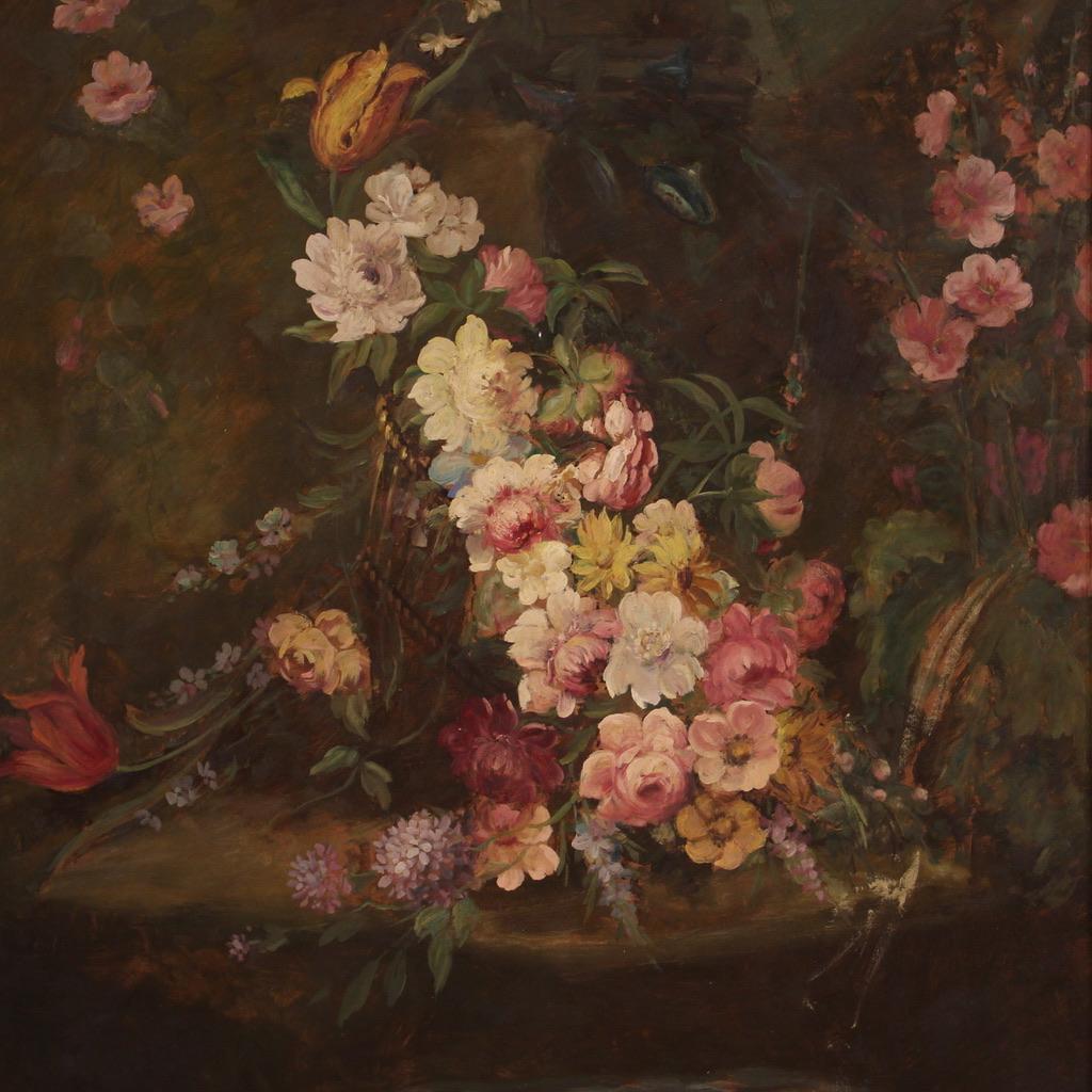 Mid-20th Century 20th Century Oil on Masonite Italian Still Life with Flowers Painting, 1950s For Sale