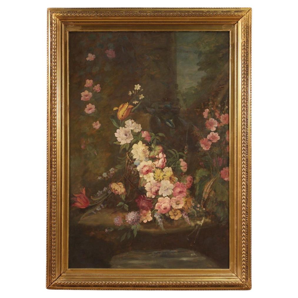 20th Century Oil on Masonite Italian Still Life with Flowers Painting, 1950s For Sale